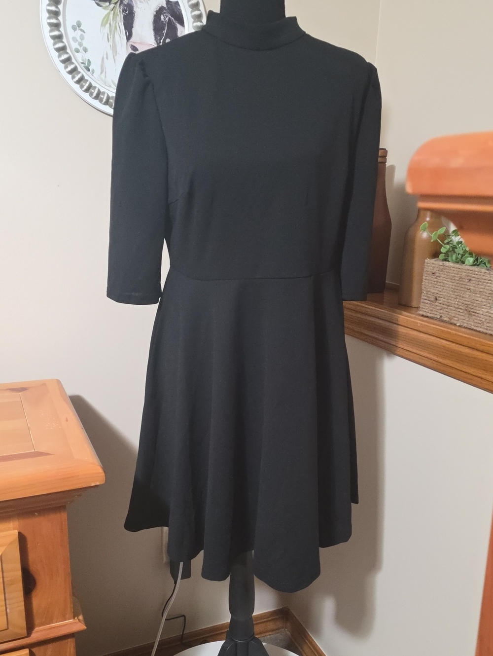 Classic Black Fit-and-Flare Dress with Mock Neck